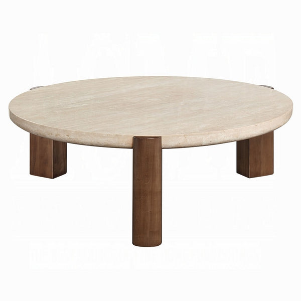 Hery Coffee Table, 40 Inch Round Beige Travertine Stone Top, Oak Brown - BM348331