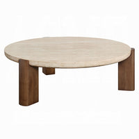 Hery Coffee Table, 40 Inch Round Beige Travertine Stone Top, Oak Brown - BM348331