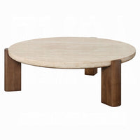 Hery Coffee Table, 40 Inch Round Beige Travertine Stone Top, Oak Brown - BM348331