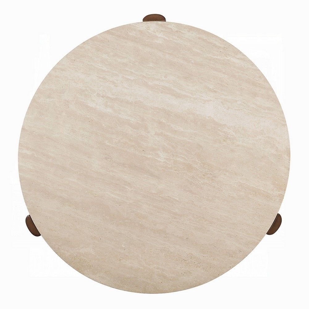Hery Coffee Table, 40 Inch Round Beige Travertine Stone Top, Oak Brown - BM348331