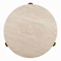 Hery Coffee Table, 40 Inch Round Beige Travertine Stone Top, Oak Brown - BM348331