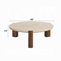 Hery Coffee Table, 40 Inch Round Beige Travertine Stone Top, Oak Brown - BM348331