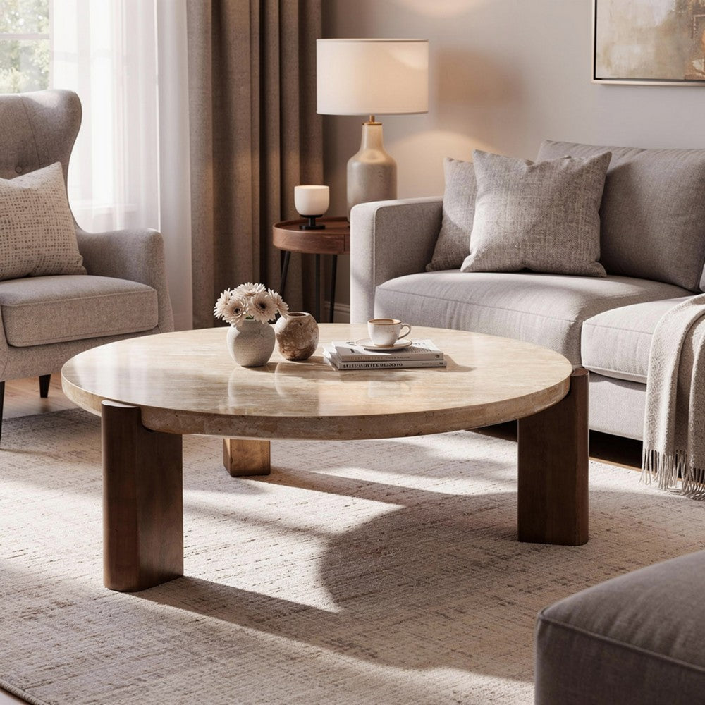 Hery Coffee Table, 40 Inch Round Beige Travertine Stone Top, Oak Brown - BM348331