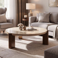 Hery Coffee Table, 40 Inch Round Beige Travertine Stone Top, Oak Brown - BM348331