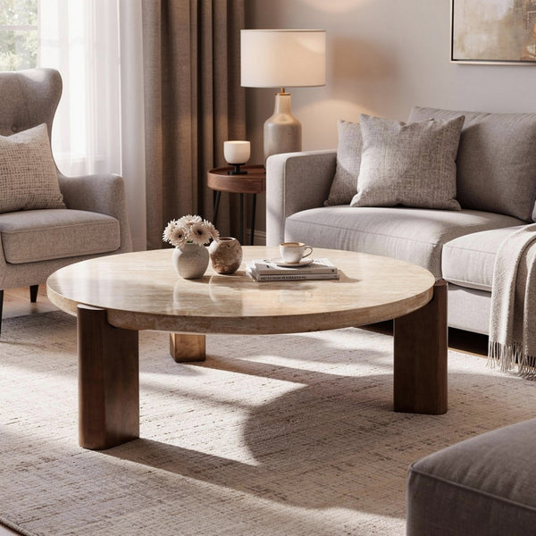 Hery Coffee Table, 40 Inch Round Beige Travertine Stone Top, Oak Brown - BM348331