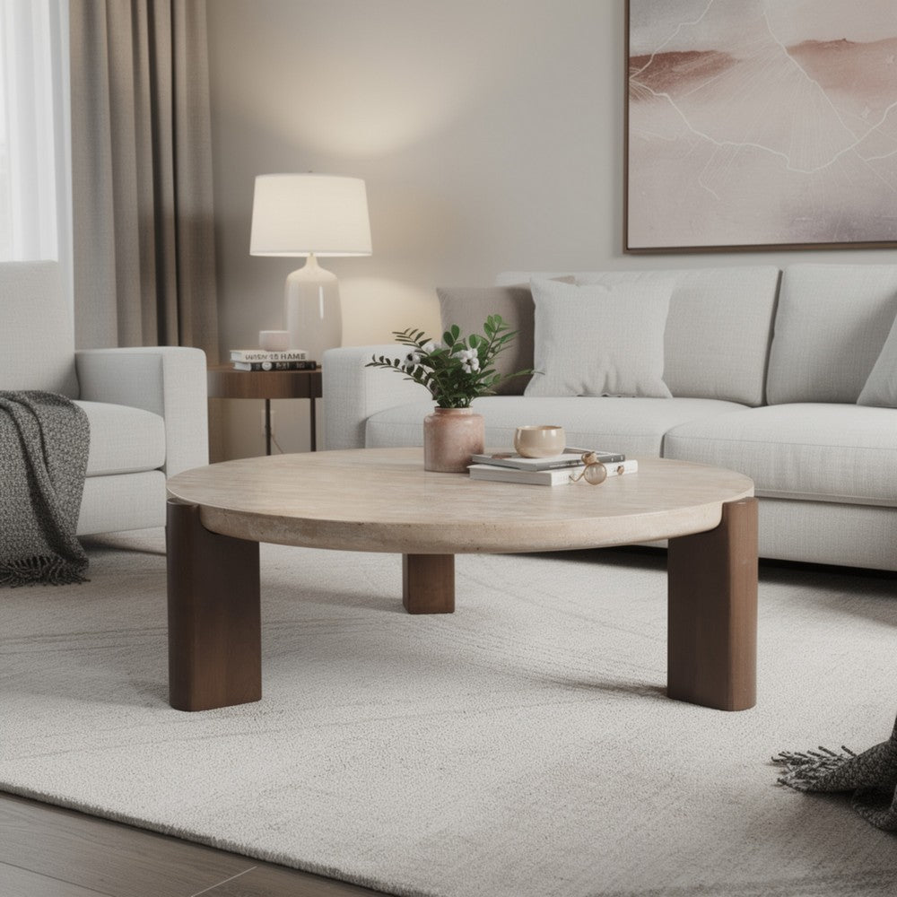 Hery Coffee Table, 40 Inch Round Beige Travertine Stone Top, Oak Brown - BM348331