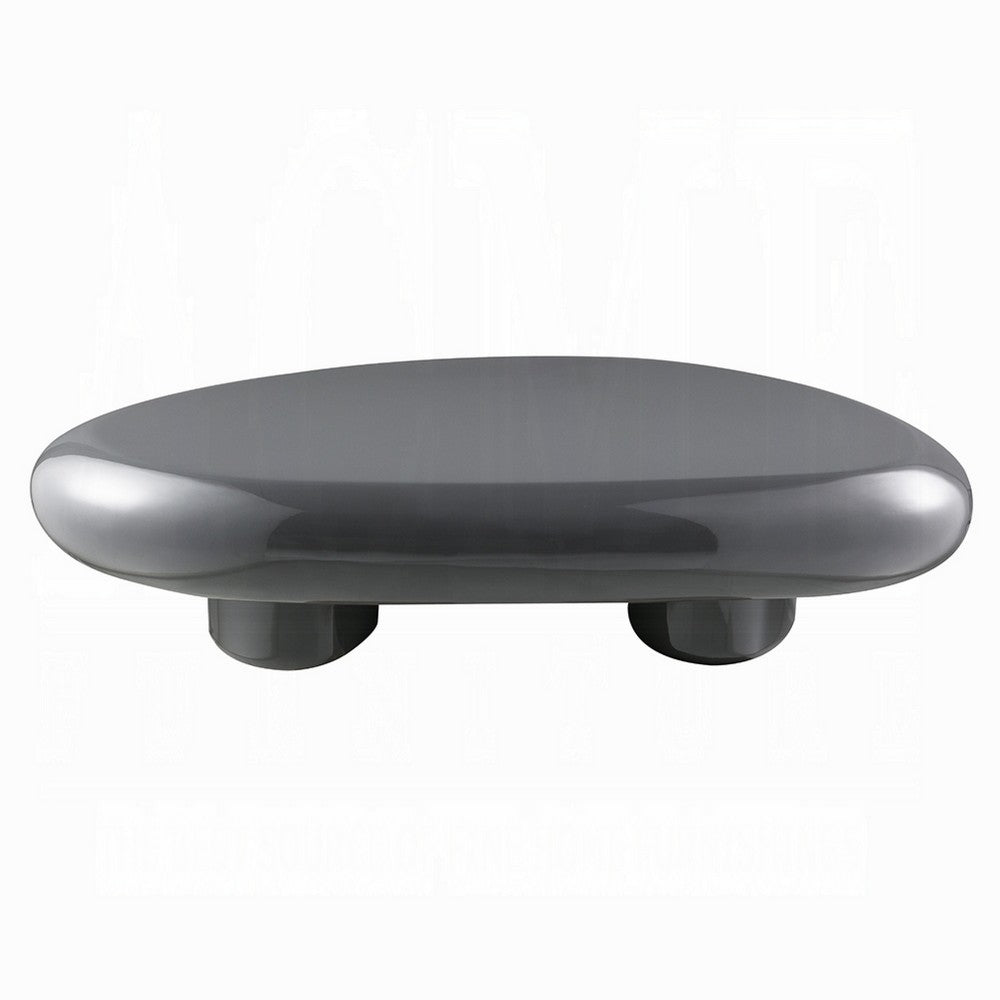 Fory Coffee Table, 46 Inch Oval Top with Low Metal Base, High Gloss Gray - BM348339