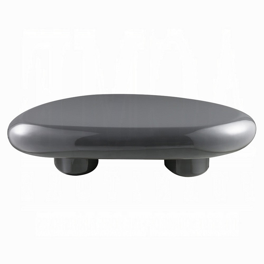 Fory Coffee Table, 46 Inch Oval Top with Low Metal Base, High Gloss Gray - BM348339