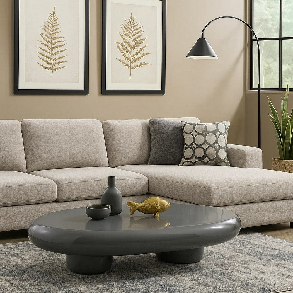 Fory Coffee Table, 46 Inch Oval Top with Low Metal Base, High Gloss Gray - BM348339