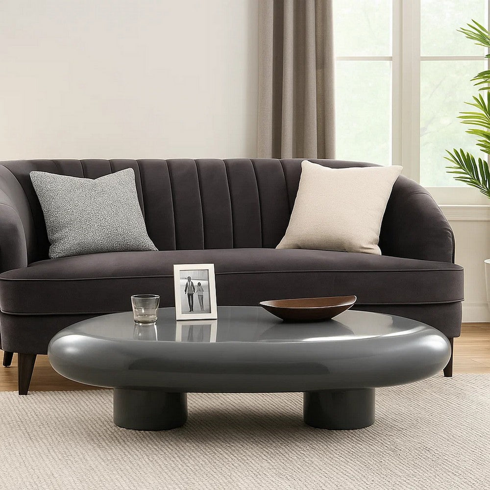 Fory Coffee Table, 46 Inch Oval Top with Low Metal Base, High Gloss Gray - BM348339
