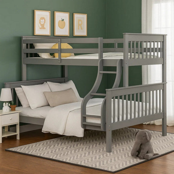 Rita Twin over Full Bunk Bed, Slatted Frame, Fixed Ladder, Gray and Brown - BM348342
