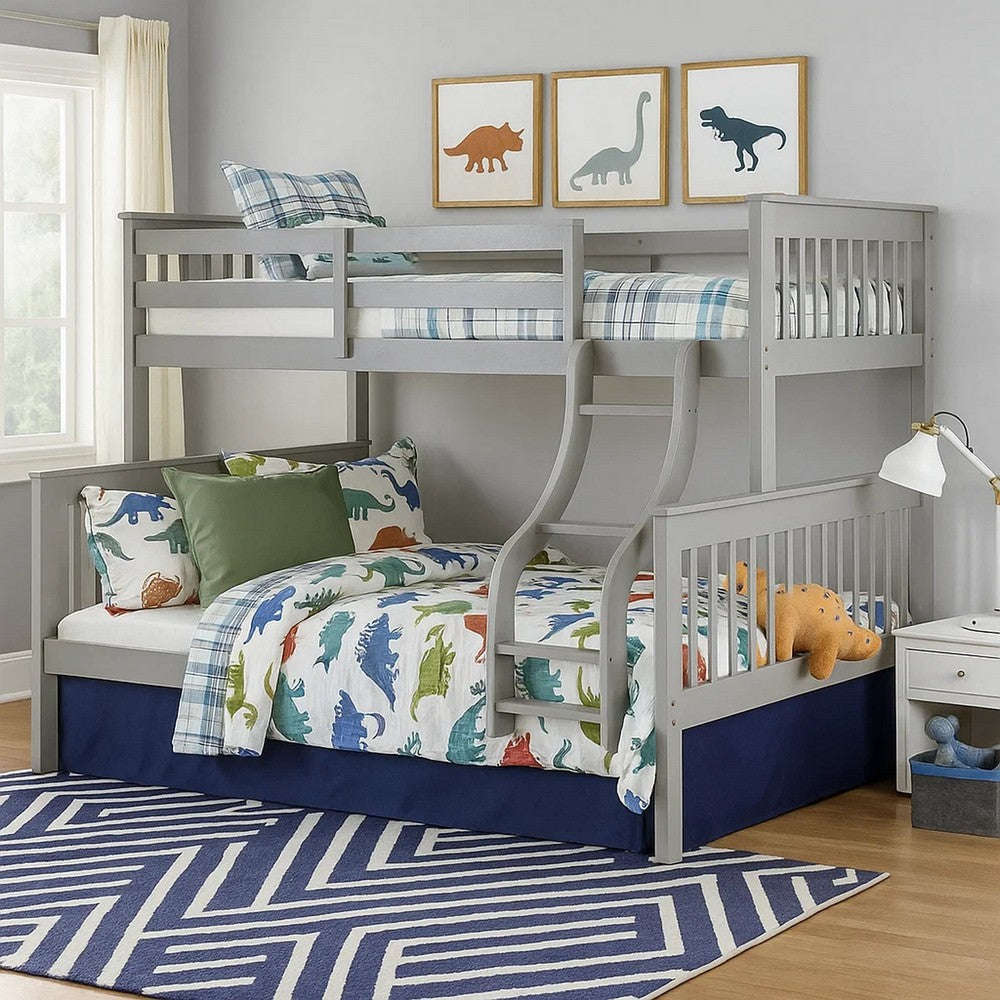 Rita Twin over Full Bunk Bed, Slatted Frame, Fixed Ladder, Gray and Brown - BM348342