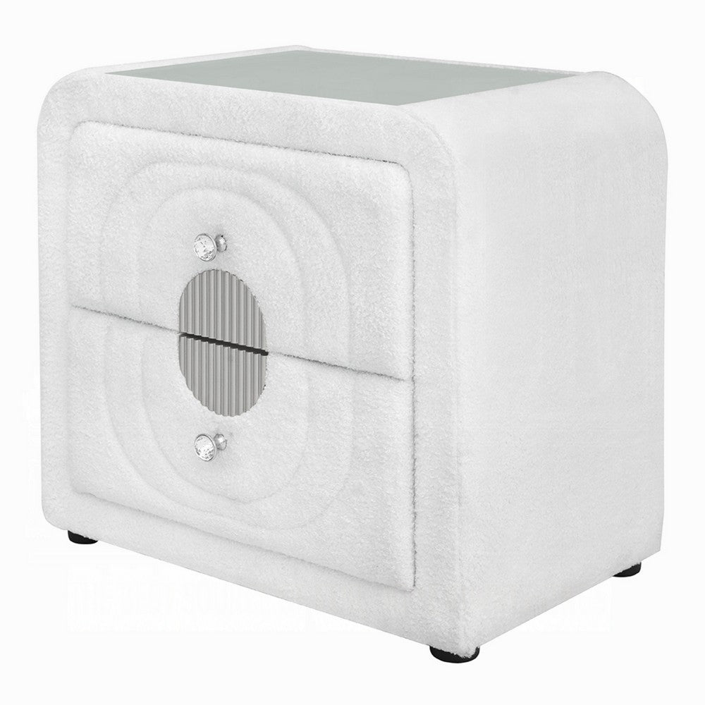 Kery Glass Top Nightstand, 2 Drawers, White Teddy Sherpa Upholstery - BM348364