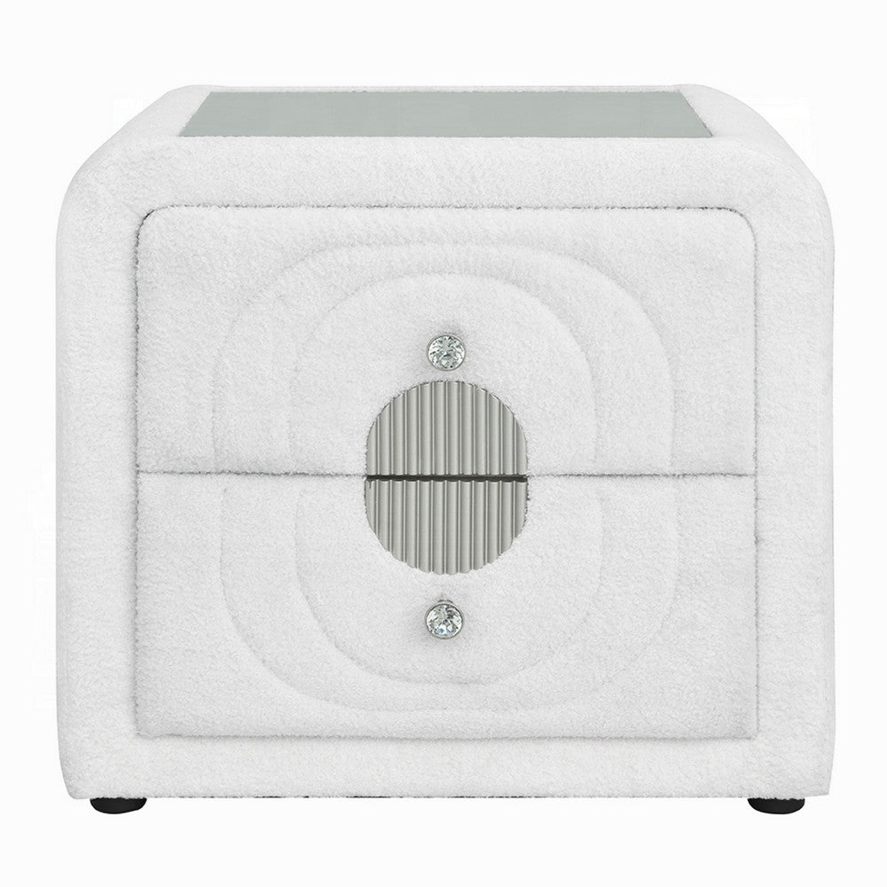 Kery Glass Top Nightstand, 2 Drawers, White Teddy Sherpa Upholstery - BM348364