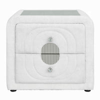 Kery Glass Top Nightstand, 2 Drawers, White Teddy Sherpa Upholstery - BM348364