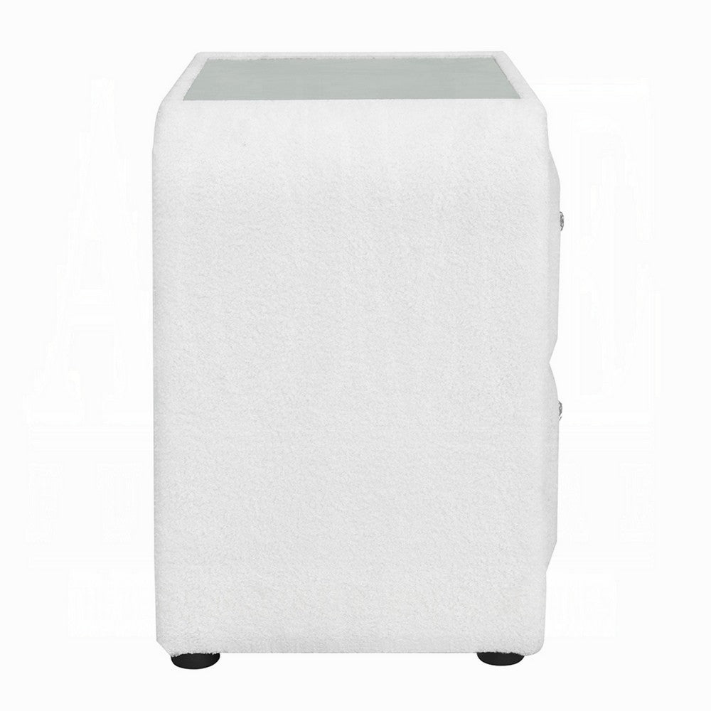 Kery Glass Top Nightstand, 2 Drawers, White Teddy Sherpa Upholstery - BM348364