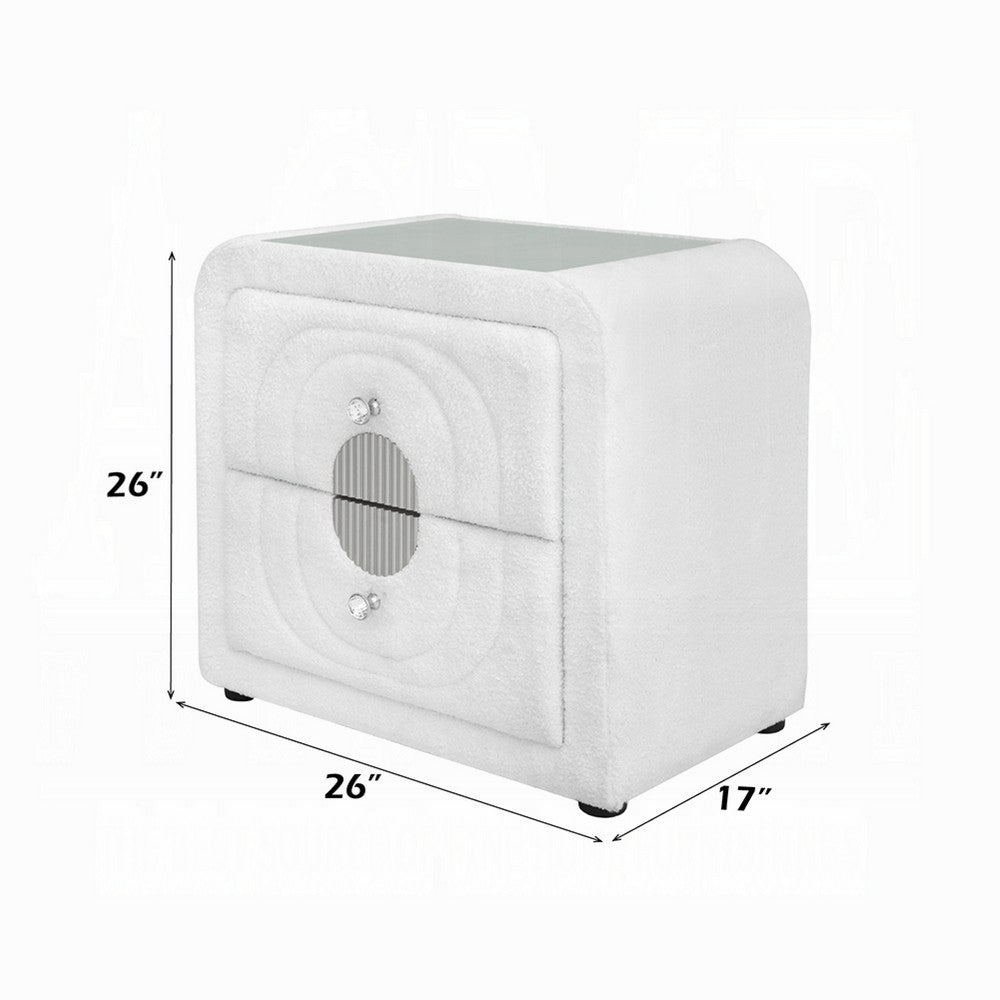 Kery Glass Top Nightstand, 2 Drawers, White Teddy Sherpa Upholstery - BM348364
