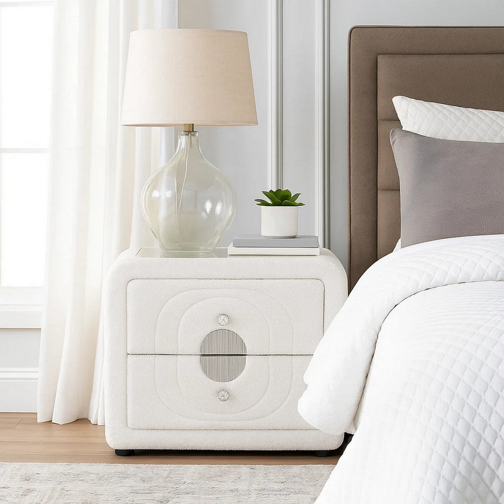 Kery Glass Top Nightstand, 2 Drawers, White Teddy Sherpa Upholstery - BM348364