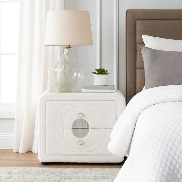 Kery Glass Top Nightstand, 2 Drawers, White Teddy Sherpa Upholstery - BM348364