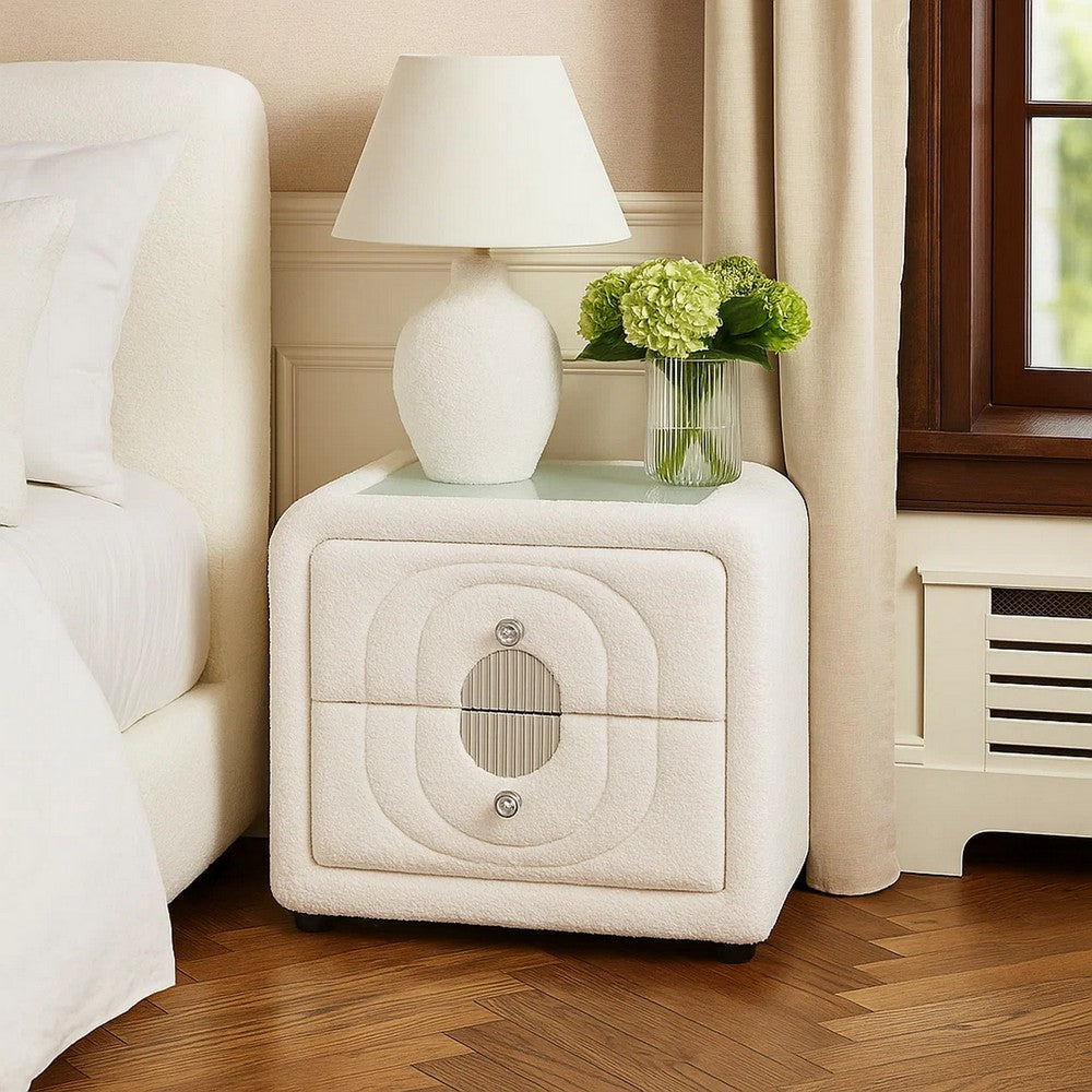 Kery Glass Top Nightstand, 2 Drawers, White Teddy Sherpa Upholstery - BM348364