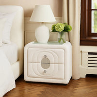 Kery Glass Top Nightstand, 2 Drawers, White Teddy Sherpa Upholstery - BM348364