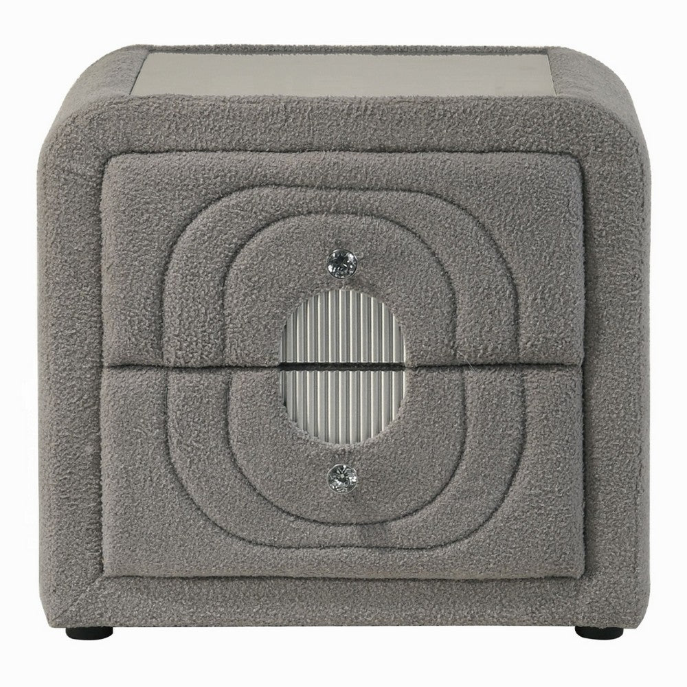 Kery Nightstand, 2 Drawers, Glass Top, Gray Teddy Sherpa Upholstery - BM348365