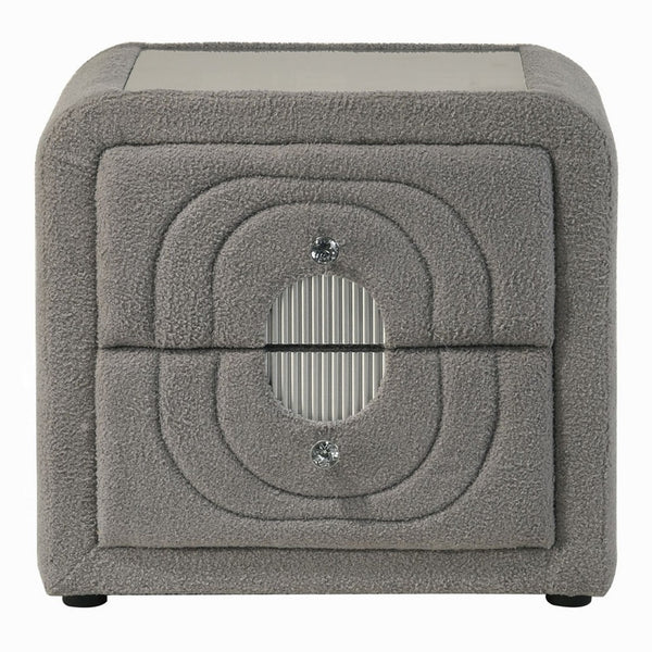Kery Nightstand, 2 Drawers, Glass Top, Gray Teddy Sherpa Upholstery - BM348365