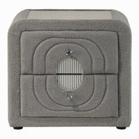 Kery Nightstand, 2 Drawers, Glass Top, Gray Teddy Sherpa Upholstery - BM348365