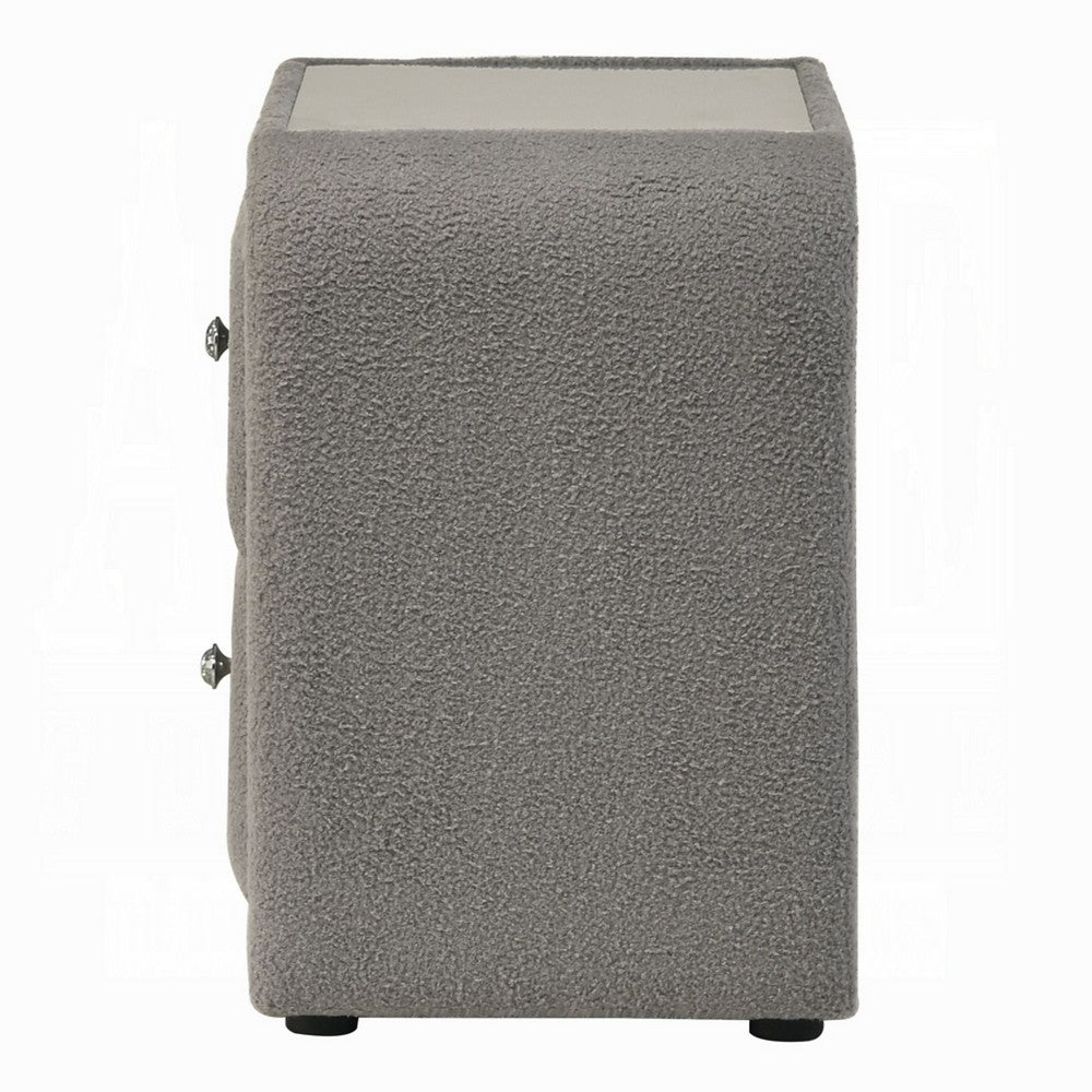 Kery Nightstand, 2 Drawers, Glass Top, Gray Teddy Sherpa Upholstery - BM348365