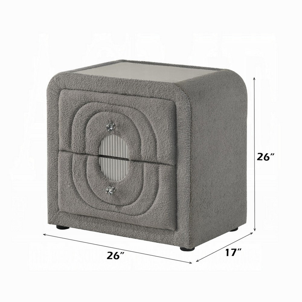Kery Nightstand, 2 Drawers, Glass Top, Gray Teddy Sherpa Upholstery - BM348365
