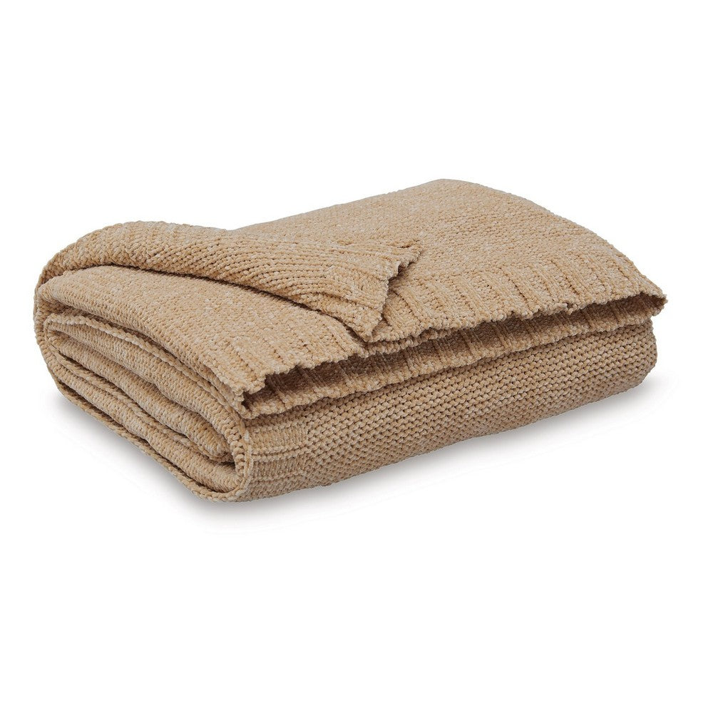 Tela Throw Blanket Set of 3, Machine Knitted, Textured Gold Polyester - BM348370