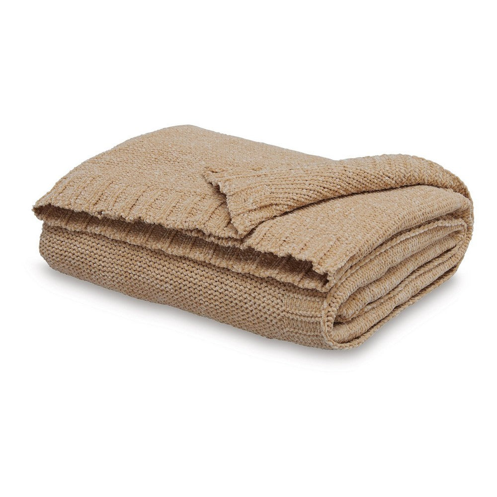 Tela Throw Blanket Set of 3, Machine Knitted, Textured Gold Polyester - BM348370