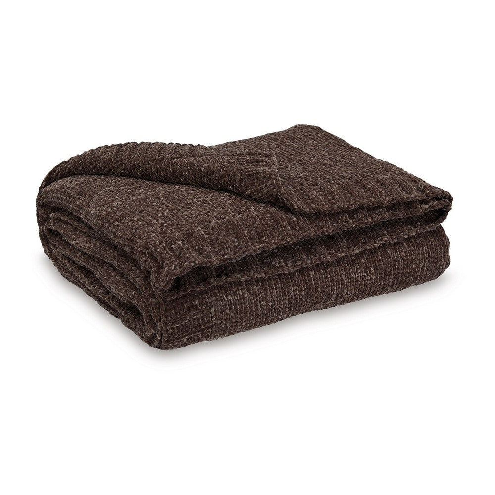 Tela Throw Blanket Set of 3, Machine Knitted, Textured Dark Brown Polyester - BM348371