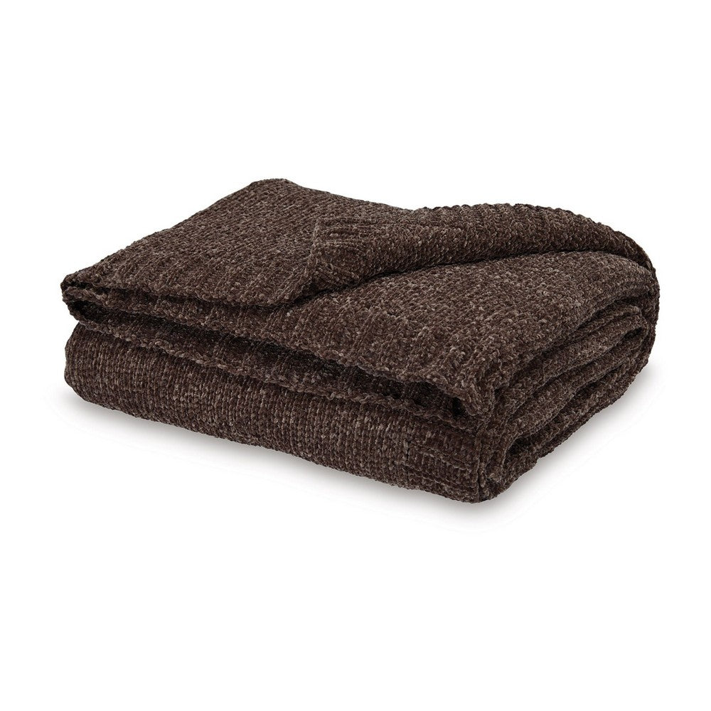 Tela Throw Blanket Set of 3, Machine Knitted, Textured Dark Brown Polyester - BM348371
