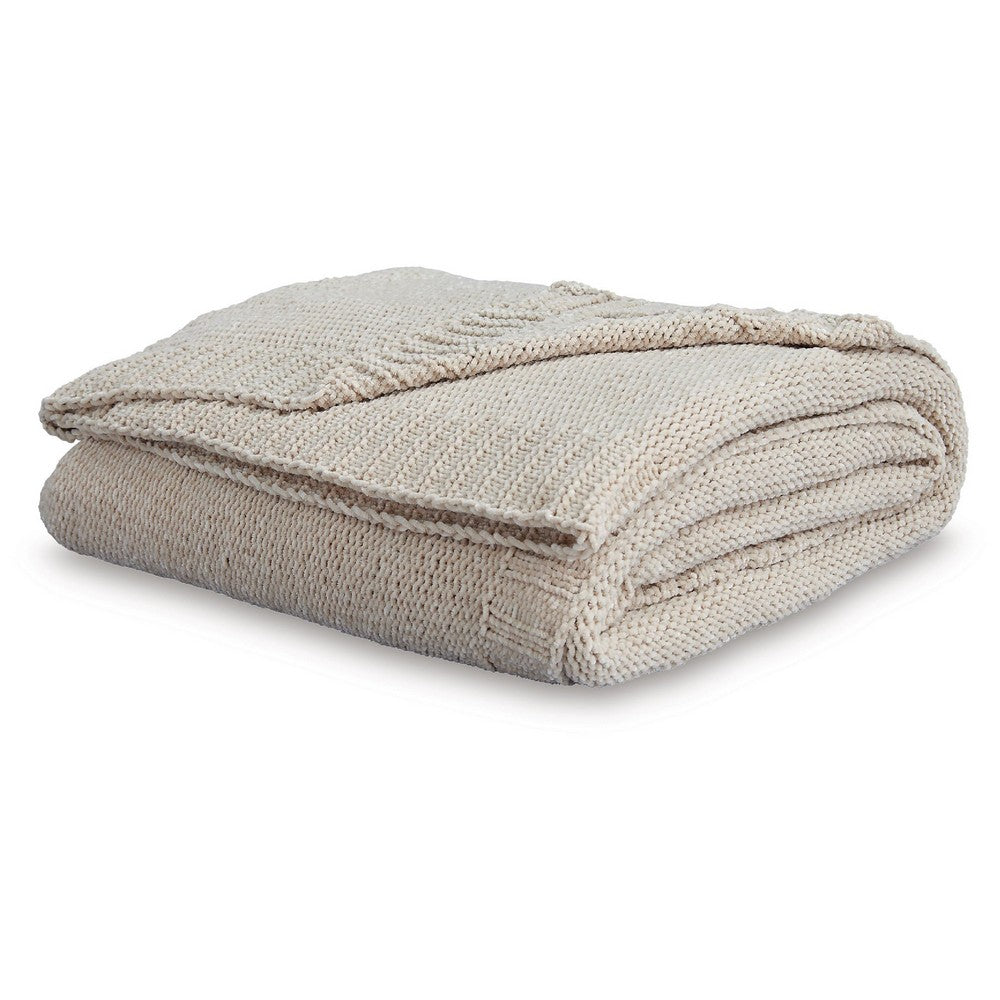 Tela Throw Blanket Set of 3, Machine Knitted, Textured Beige Polyester - BM348372
