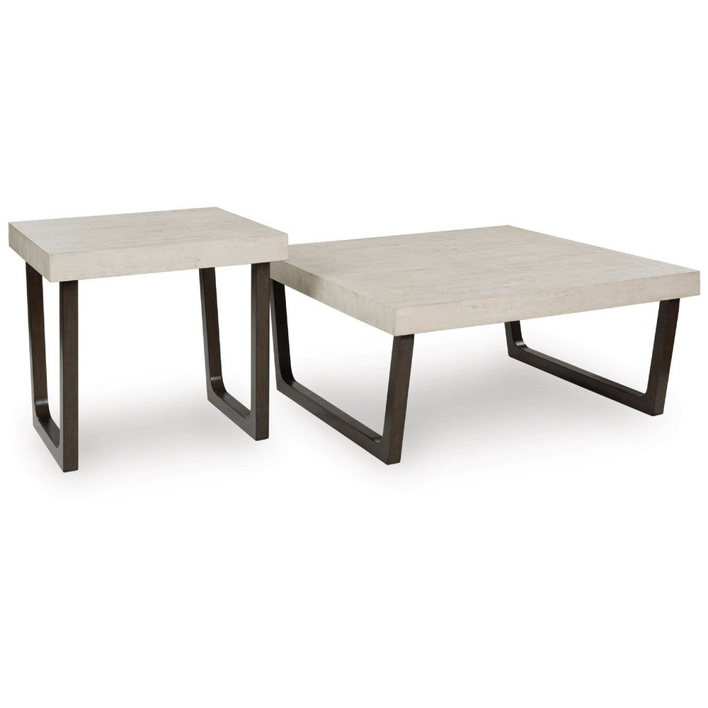 Wery 2pc Cocktail Table and Side End Table Set, Light Gray Top, Brown - BM348373