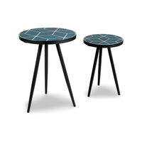 Ceri Accent Table Set of 2, Teal Blue Geometric Pattern Top, Black - BM348374