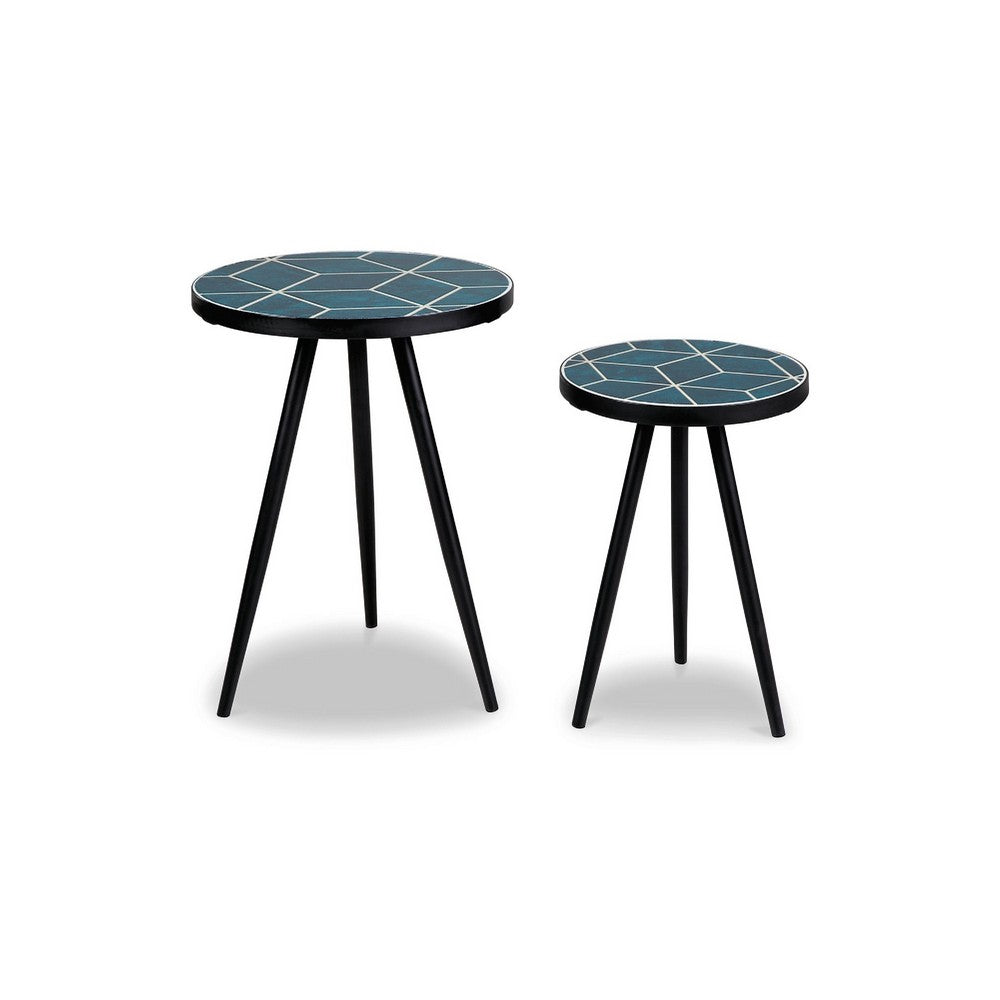 Ceri Accent Table Set of 2, Teal Blue Geometric Pattern Top, Black - BM348374