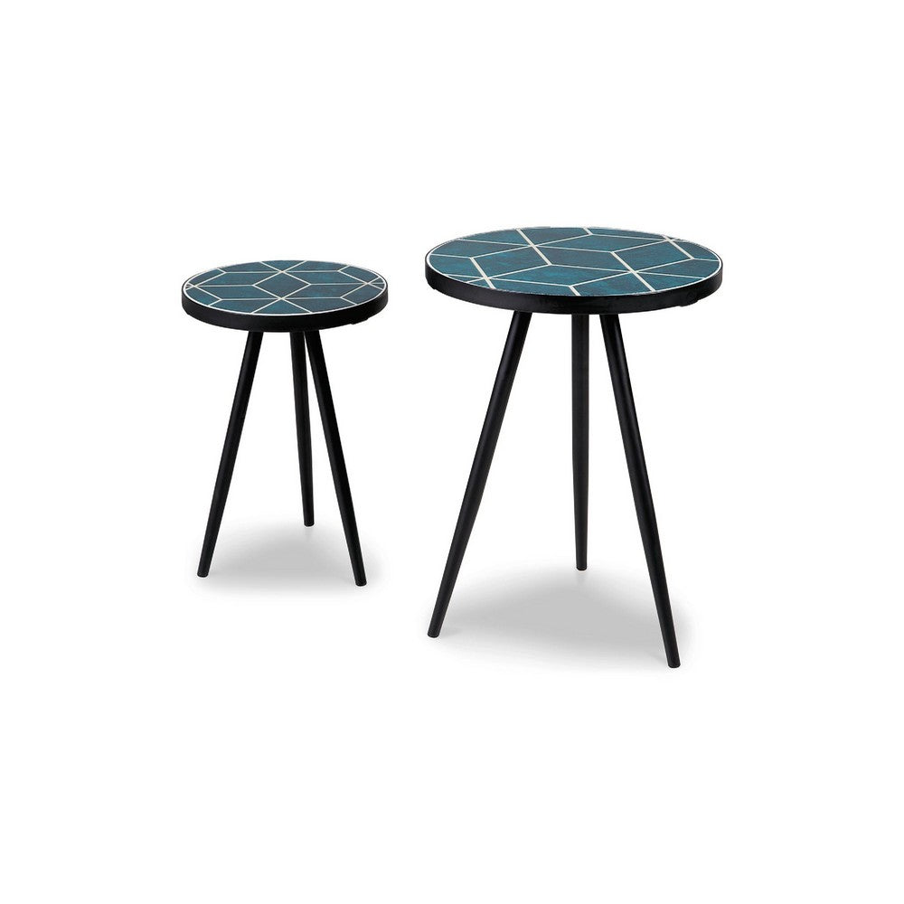Ceri Accent Table Set of 2, Teal Blue Geometric Pattern Top, Black - BM348374