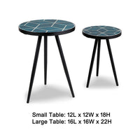 Ceri Accent Table Set of 2, Teal Blue Geometric Pattern Top, Black - BM348374