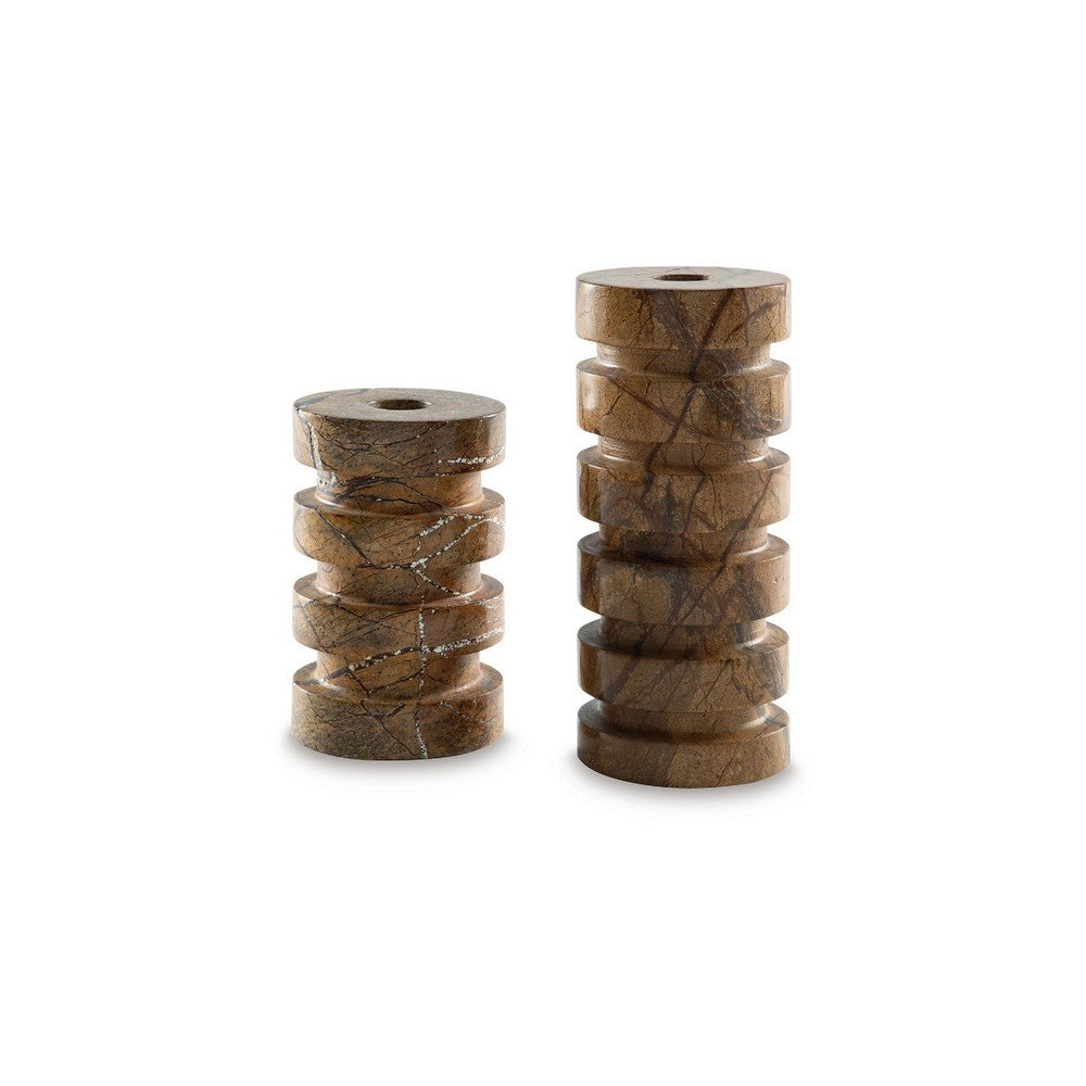 Erya Candle Holder Set of 2, Tan Brown Marble Finished Stacked Design - BM348375