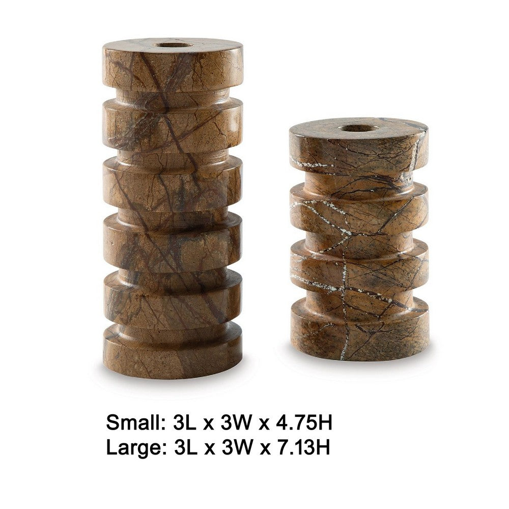 Erya Candle Holder Set of 2, Tan Brown Marble Finished Stacked Design - BM348375