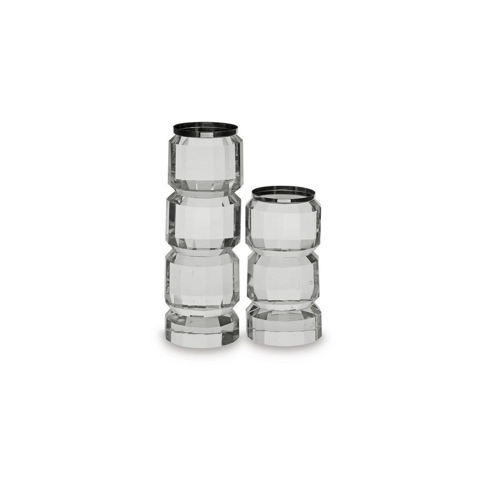 Meru Candle Holder Set of 2, Crystal and Silver Glass Stacked Pillar - BM348376