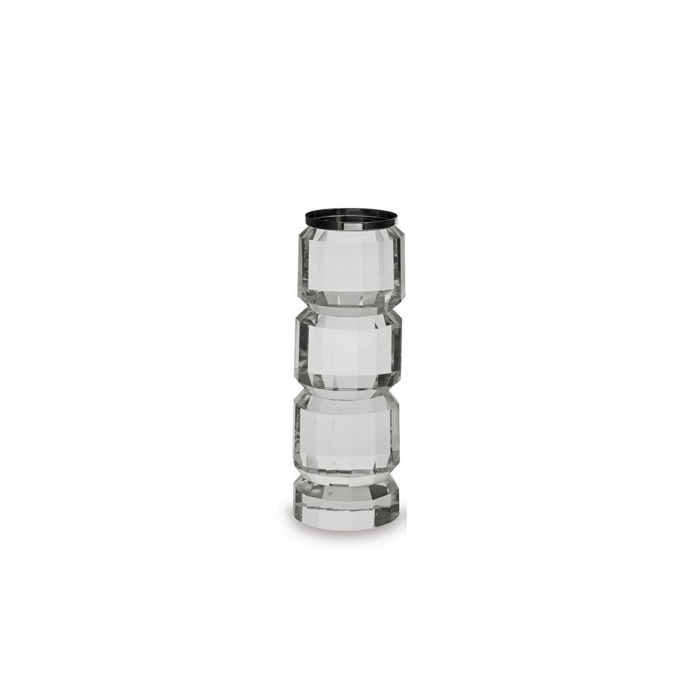 Meru Candle Holder Set of 2, Crystal and Silver Glass Stacked Pillar - BM348376