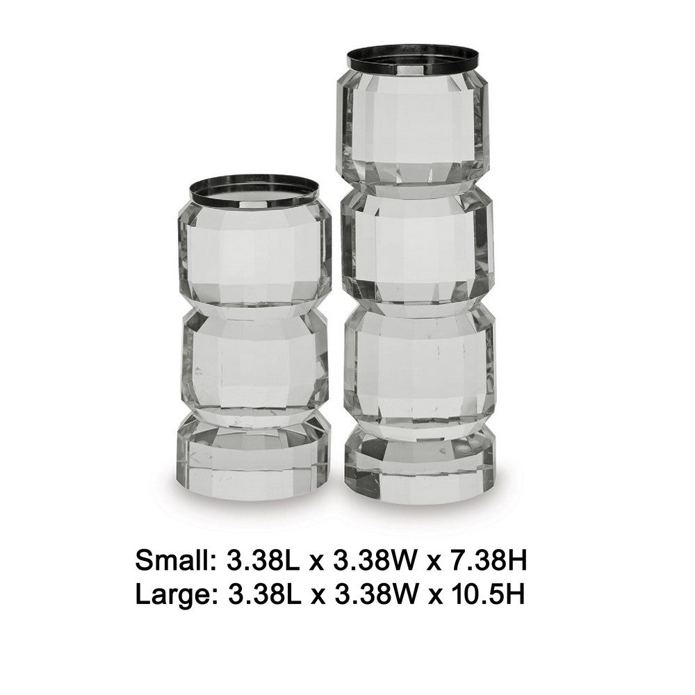 Meru Candle Holder Set of 2, Crystal and Silver Glass Stacked Pillar - BM348376
