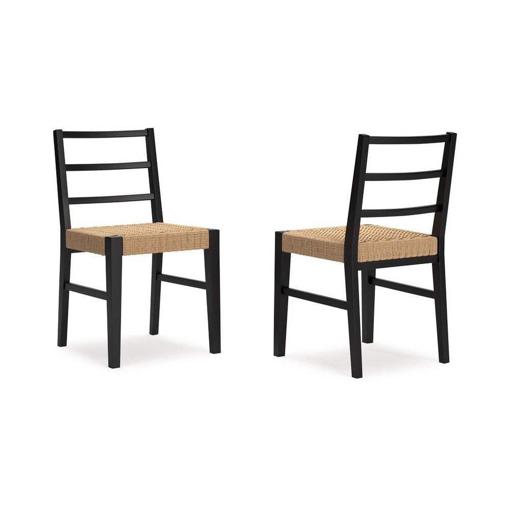 Wrenn Dining Side Chair Set of 2, Faux Rattan Woven Seat, Black Wood - BM348380