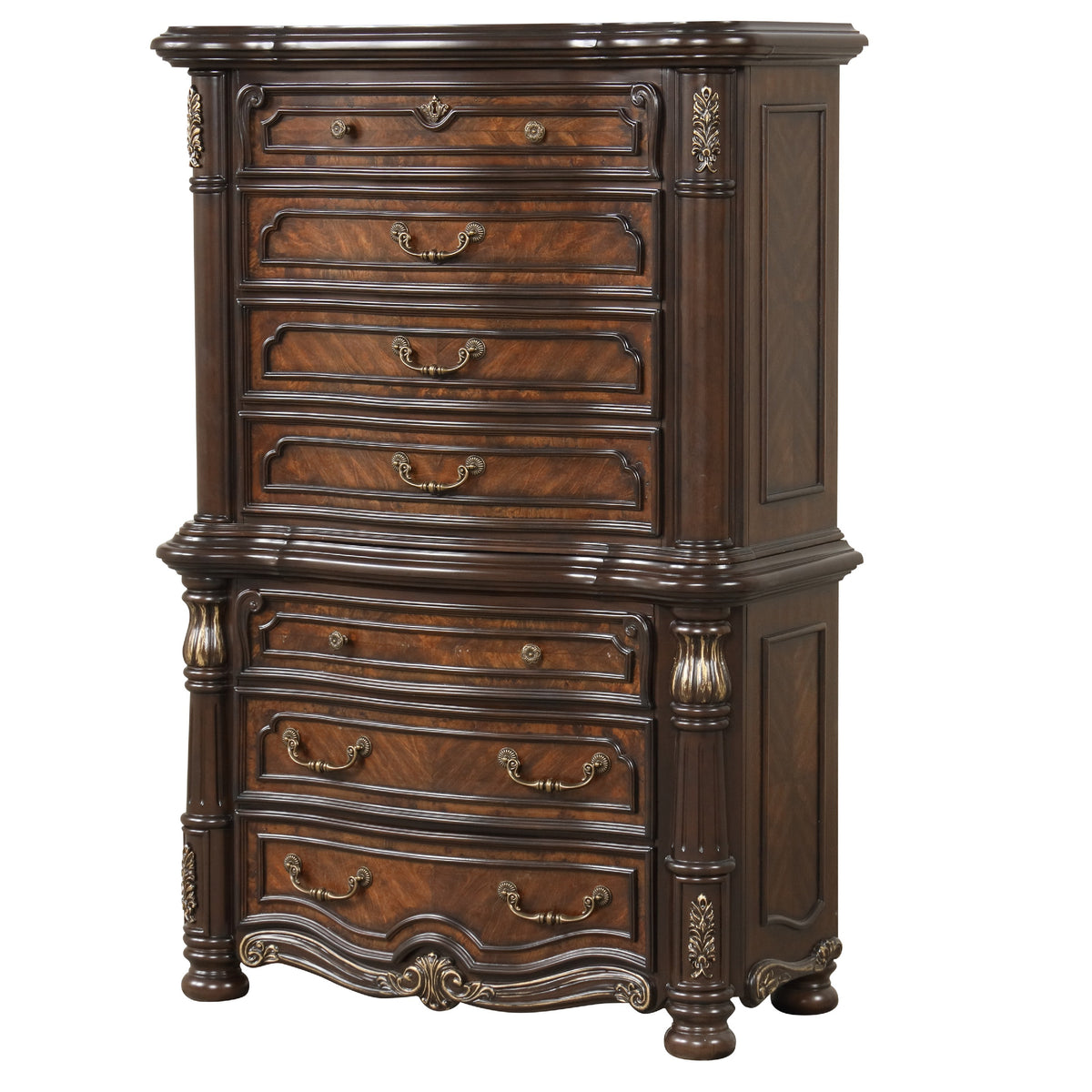 Ruth Tall Dresser Chest with Burl Inlays, 7 Drawers, Mahogany Brown Wood