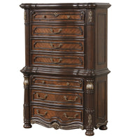 Ruth Tall Dresser Chest with Burl Inlays, 7 Drawers, Mahogany Brown Wood