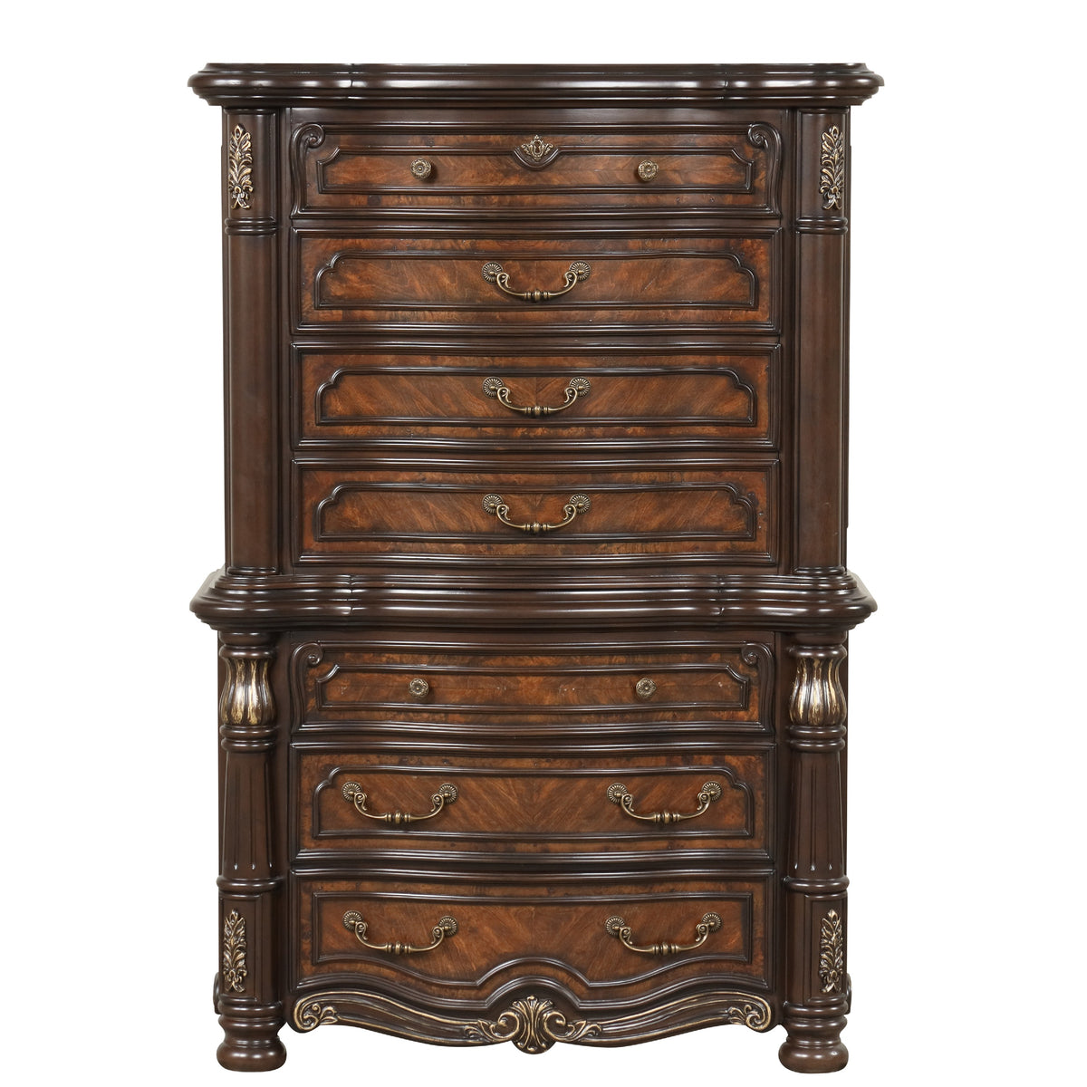 Ruth Tall Dresser Chest with Burl Inlays, 7 Drawers, Mahogany Brown Wood