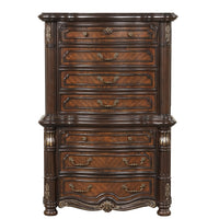 Ruth Tall Dresser Chest with Burl Inlays, 7 Drawers, Mahogany Brown Wood